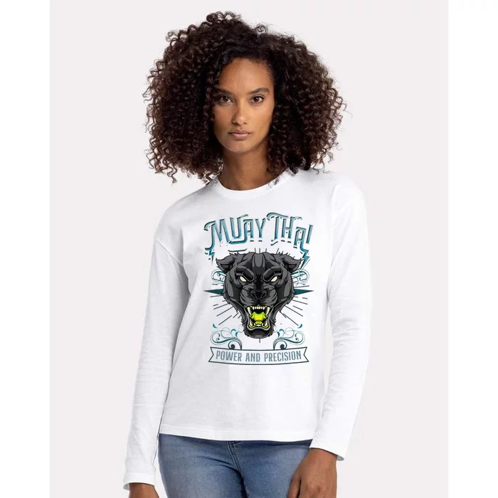 Thai Boxing Power And Precision Muay Thai And Panther Womens Cotton Relaxed Long Sleeve T-Shirt