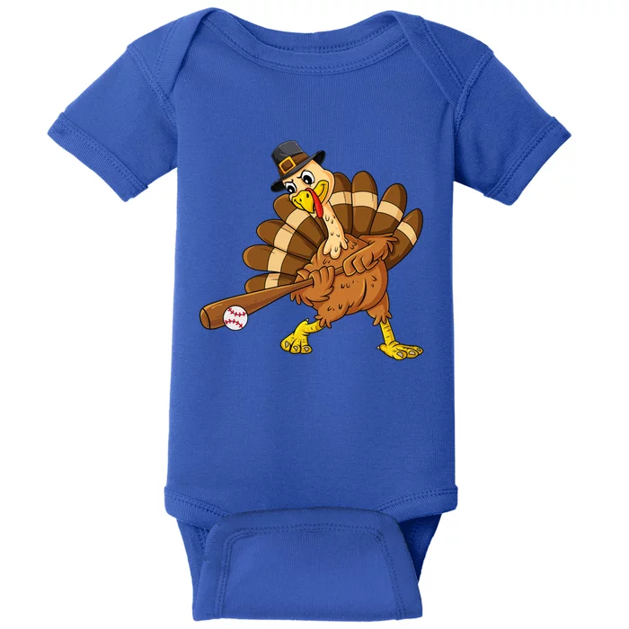 Thanksgiving Baseball Pilgrim Turkey Swinging Bat Funny Gift Baby Bodysuit