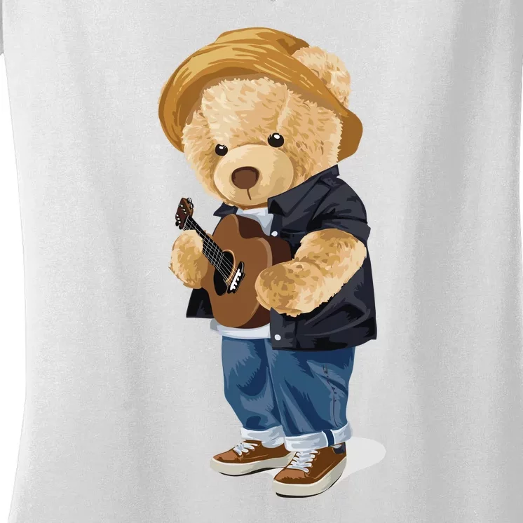 Teddy Bear Plays Guitar | Funny Gifts For Guitar Players Women's V-Neck T-Shirt