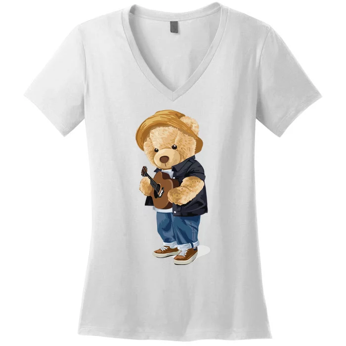 Teddy Bear Plays Guitar | Funny Gifts For Guitar Players Women's V-Neck T-Shirt