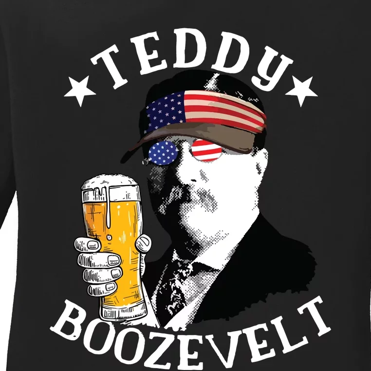 Teddy Boozevelt President Theodore Roosevelt Drinking Beer Ladies Long Sleeve Shirt