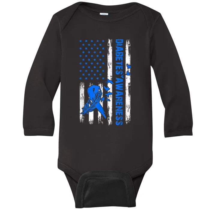 T1D Blue Ribbon USA Flag Type 1 Diabetes Awareness Month Baby Long Sleeve Bodysuit