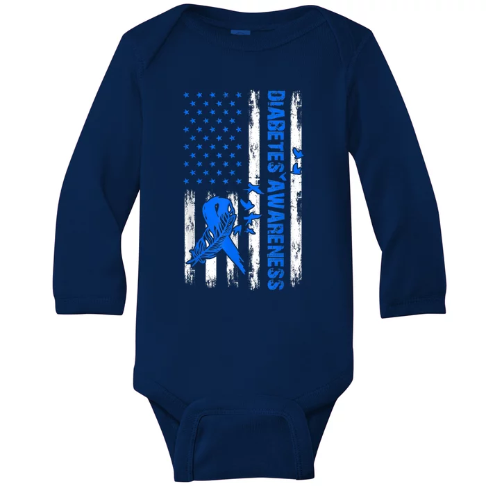 T1D Blue Ribbon USA Flag Type 1 Diabetes Awareness Month Baby Long Sleeve Bodysuit