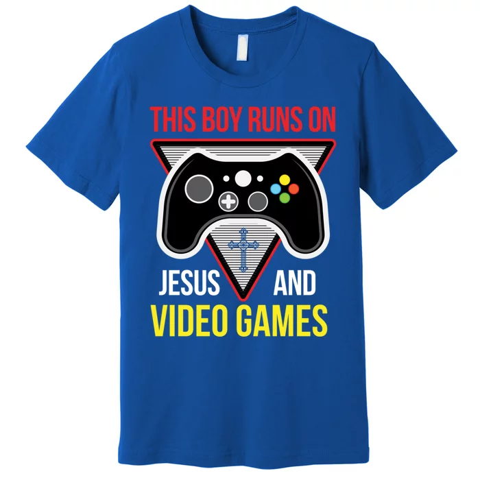 This Boy Runs On Jesus And Video Games Gift Christian Gift Control Gift Premium T-Shirt