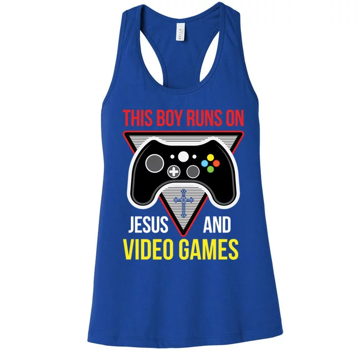 This Boy Runs On Jesus And Video Games Gift Christian Gift Control Gift Women's Racerback Tank