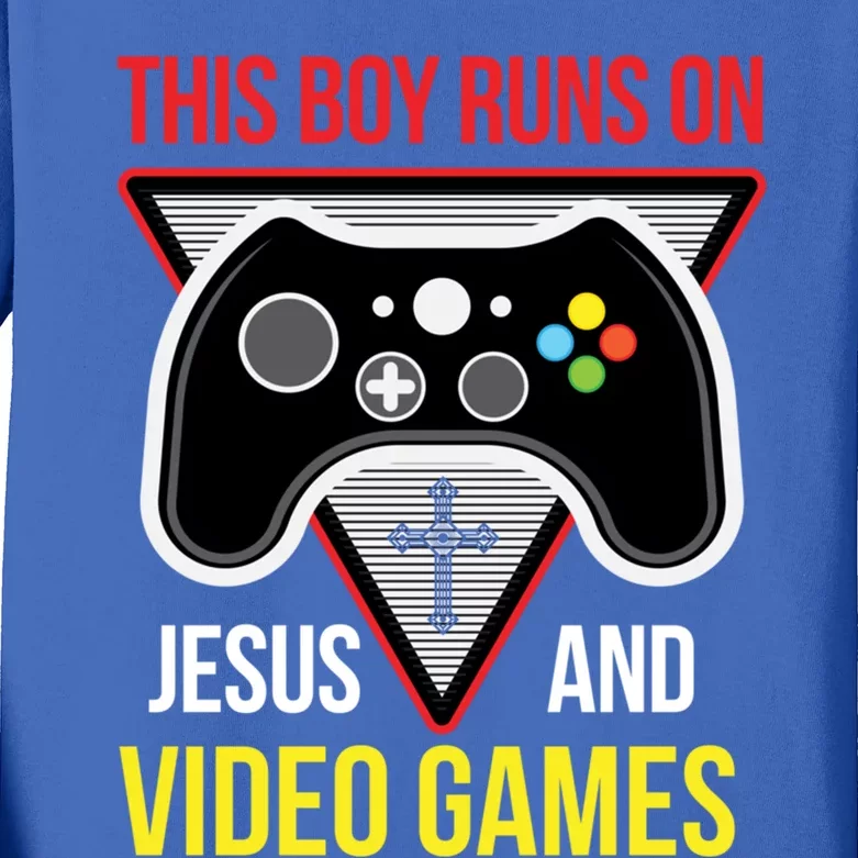 This Boy Runs On Jesus And Video Games Gift Christian Gift Control Gift Kids Long Sleeve Shirt