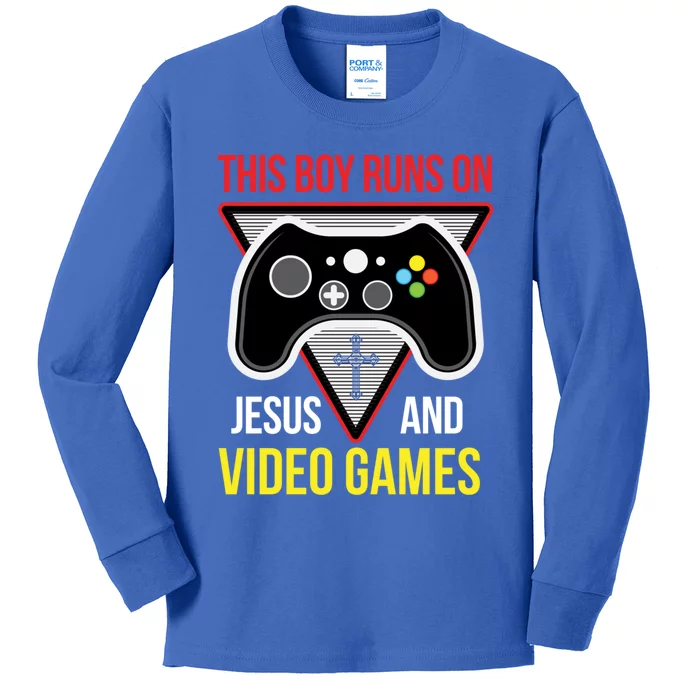 This Boy Runs On Jesus And Video Games Gift Christian Gift Control Gift Kids Long Sleeve Shirt