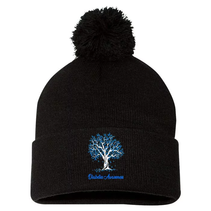 Tree Blue Ribbon Diabetes Awareness Pom Pom 12in Knit Beanie