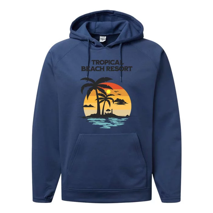 Tropical Beach Resort Palm Trees And Lounge Chairs Design Performance Fleece Hoodie