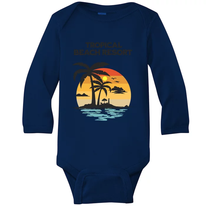 Tropical Beach Resort Palm Trees And Lounge Chairs Design Baby Long Sleeve Bodysuit