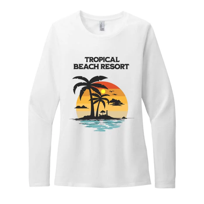 Tropical Beach Resort Palm Trees And Lounge Chairs Design Womens CVC Long Sleeve Shirt