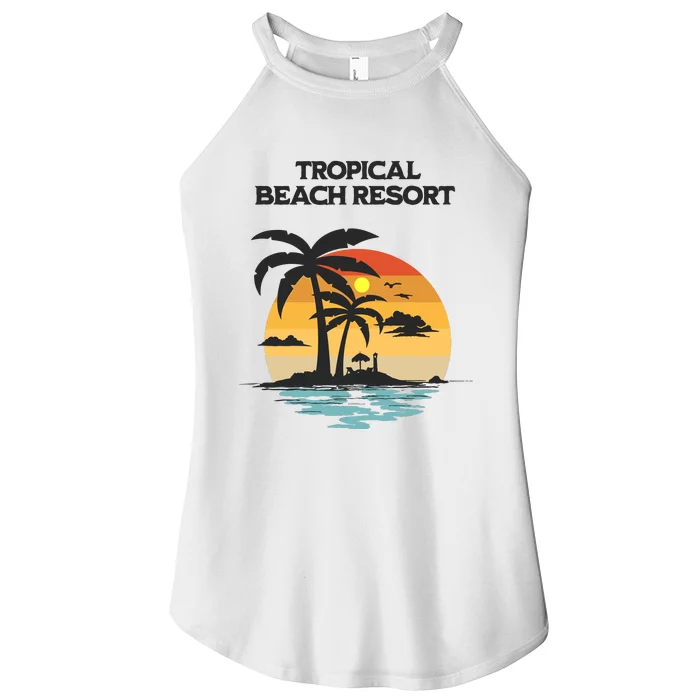 Tropical Beach Resort Palm Trees And Lounge Chairs Design Women’s Perfect Tri Rocker Tank