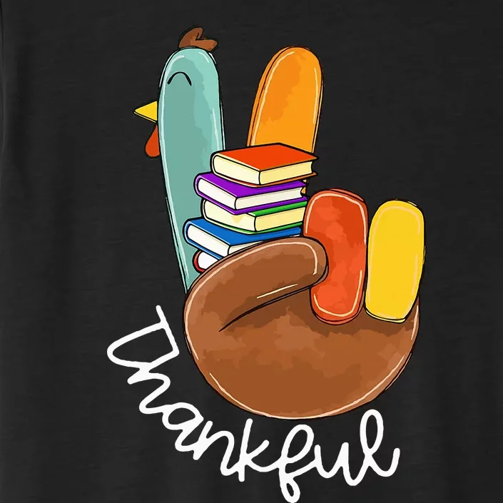 Thankful Books Reader Teacher Turkey Peace Sign Thanksgiving ChromaSoft Performance T-Shirt