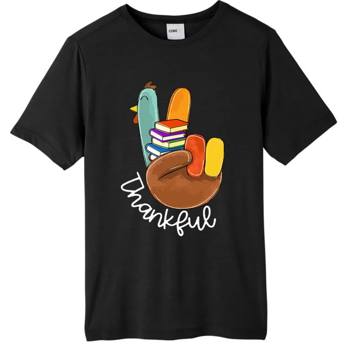 Thankful Books Reader Teacher Turkey Peace Sign Thanksgiving ChromaSoft Performance T-Shirt