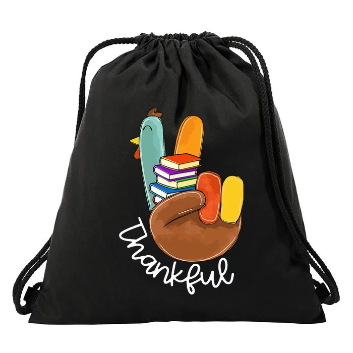 Thankful Books Reader Teacher Turkey Peace Sign Thanksgiving Drawstring Bag