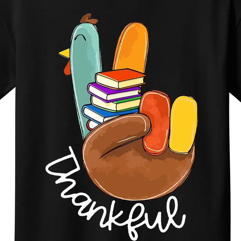 Thankful Books Reader Teacher Turkey Peace Sign Thanksgiving Kids T-Shirt