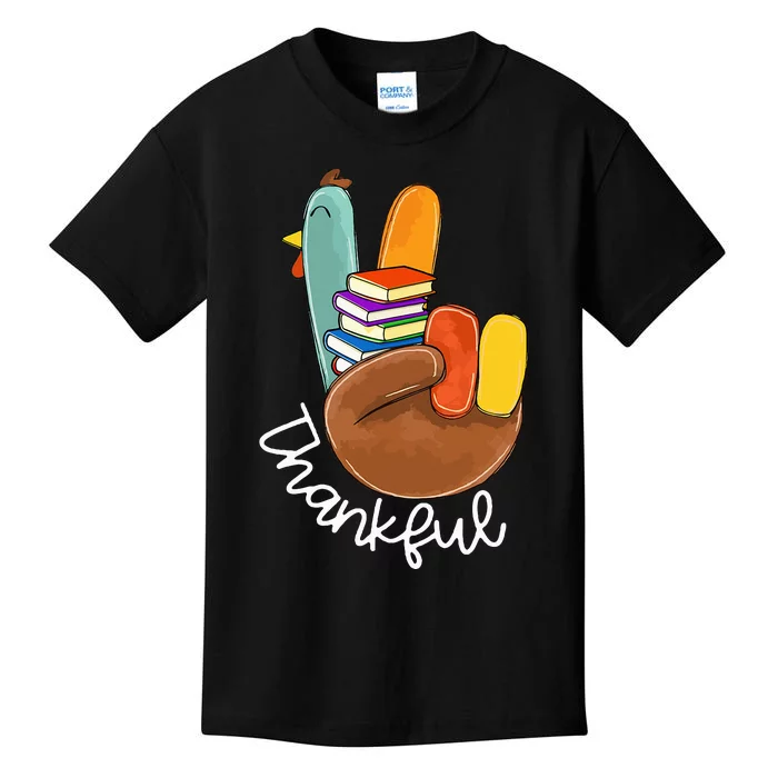 Thankful Books Reader Teacher Turkey Peace Sign Thanksgiving Kids T-Shirt