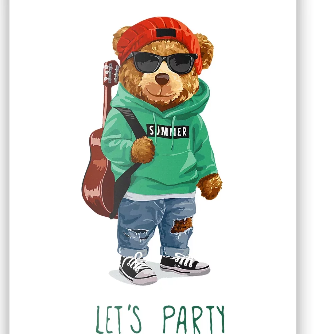 Teddy Bear Summer Party Hipster Music Guitar Cool Fun Nifty Poster