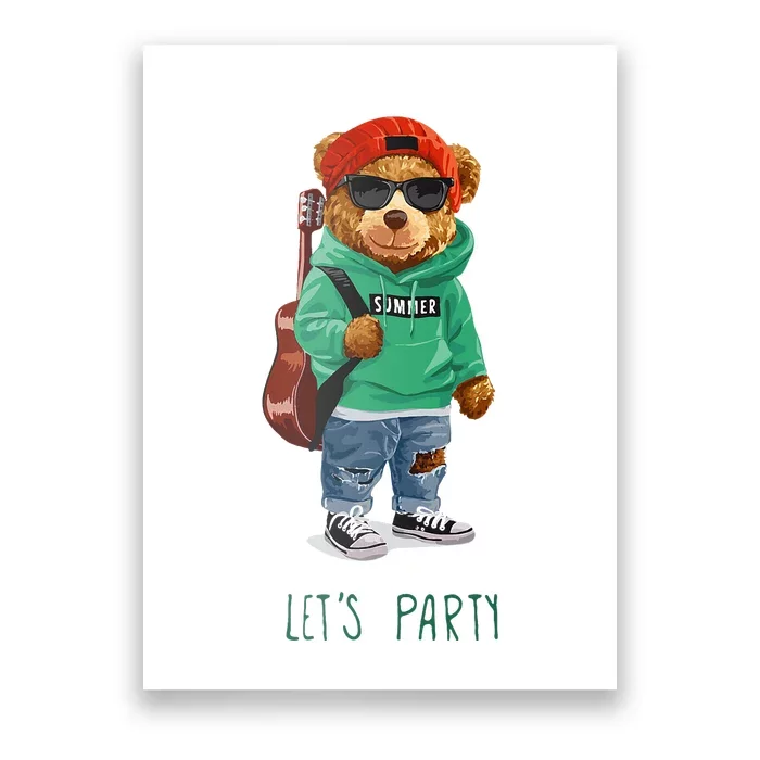 Teddy Bear Summer Party Hipster Music Guitar Cool Fun Nifty Poster