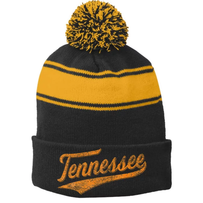 Tennessee Baseball Sports Script Cursive Flag Swoosh Stripe Pom Pom Beanie