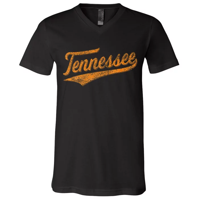 Tennessee Baseball Sports Script Cursive Flag Swoosh V-Neck T-Shirt