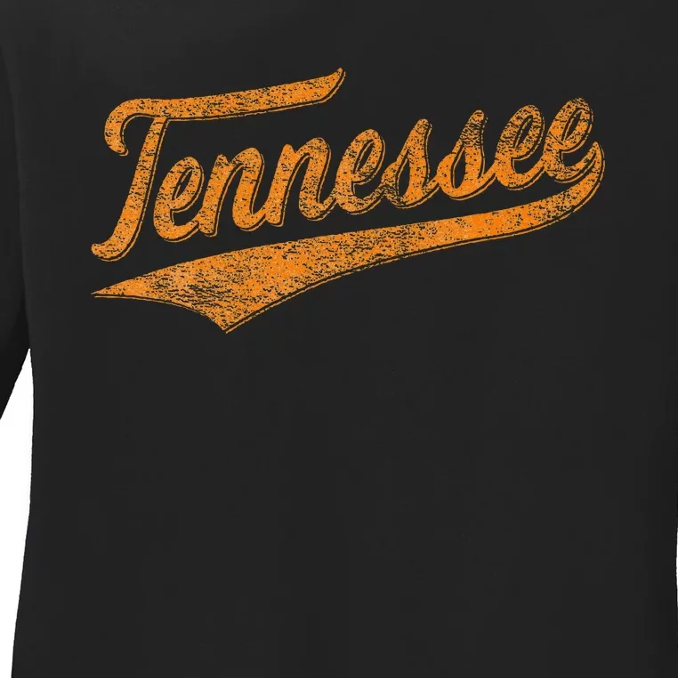 Tennessee Baseball Sports Script Cursive Flag Swoosh Ladies Long Sleeve Shirt