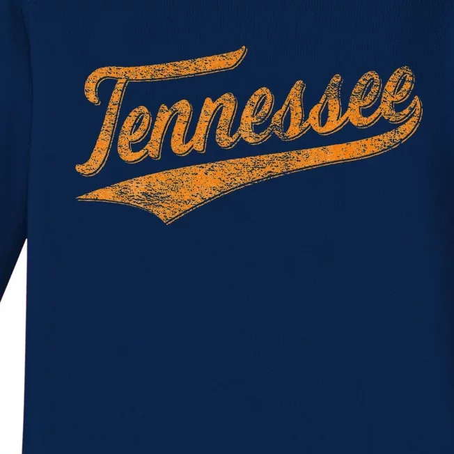 Tennessee Baseball Sports Script Cursive Flag Swoosh Retro Baby Long Sleeve Bodysuit