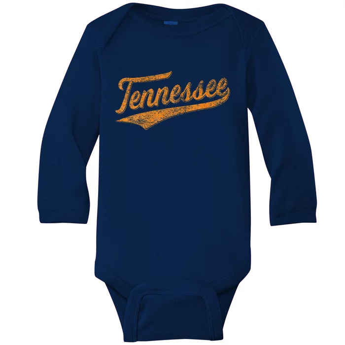 Tennessee Baseball Sports Script Cursive Flag Swoosh Retro Baby Long Sleeve Bodysuit