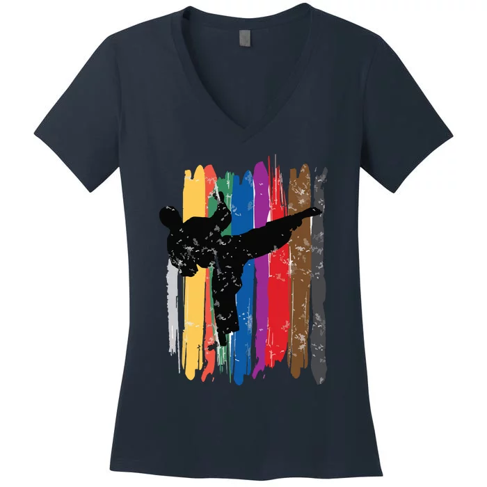 Taekwondo Belts Silhouette Distressed Martial Arts Gift Women's V-Neck T-Shirt