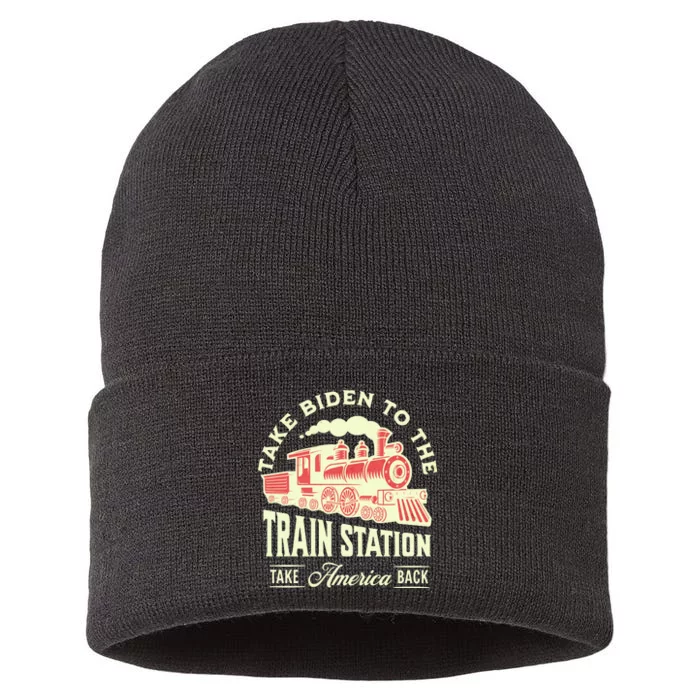 Take Biden To The Train Station MAGA Conservative Sustainable Knit Beanie