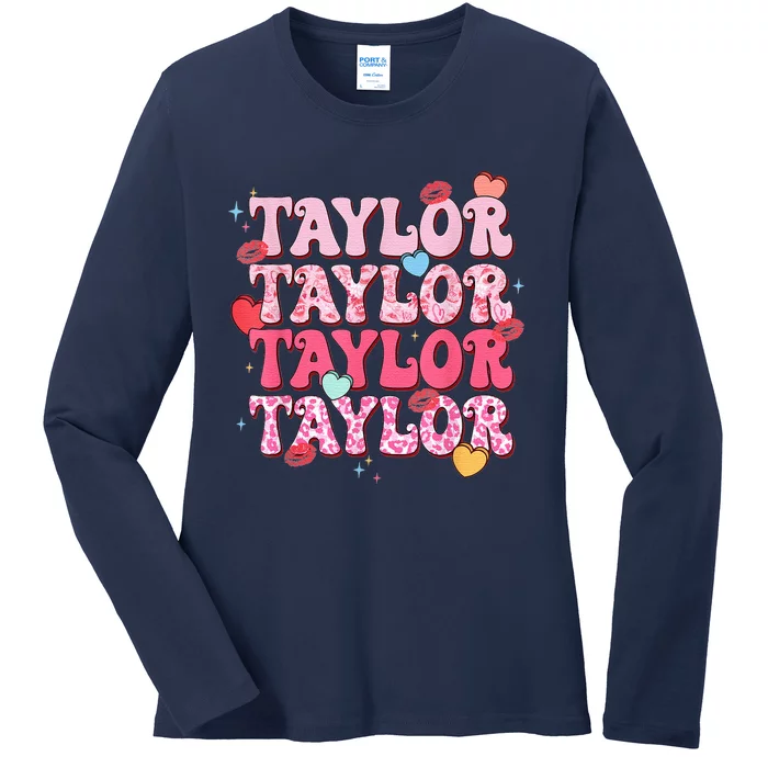 TâYlor Birthday Things Repeat With Colorful Hearts And Lips Groovy 80s Stytle Ladies Long Sleeve Shirt