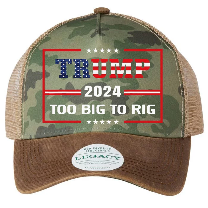 Too Big To Rig Saying Trump 2024 Funny Trump Legacy Tie Dye Trucker Hat