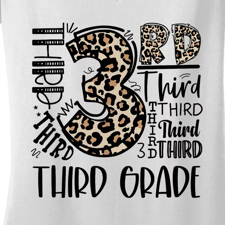 Teacher Back To School Third Grade Leopard Typography Women's V-Neck T-Shirt