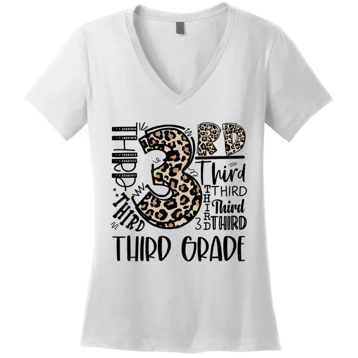 Teacher Back To School Third Grade Leopard Typography Women's V-Neck T-Shirt