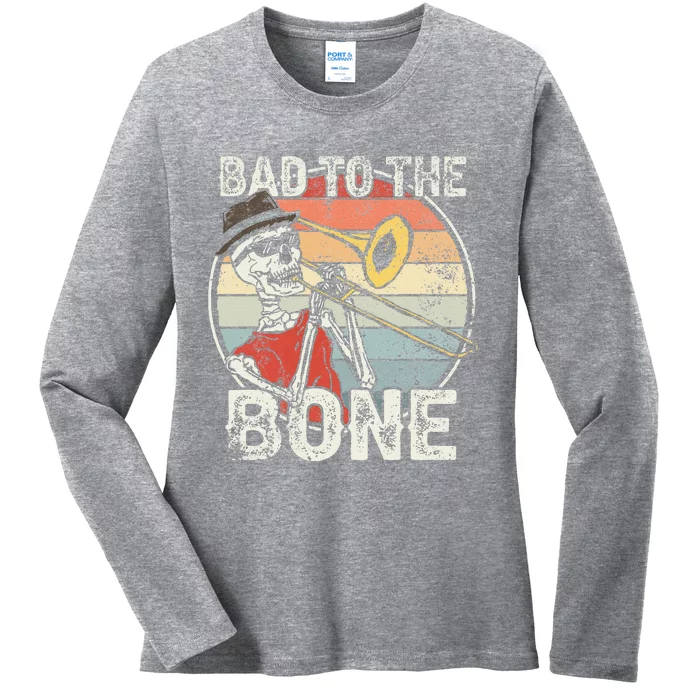 Trombone Bad To The Bone Retro Skeleton Marching Band Player Ladies Long Sleeve Shirt