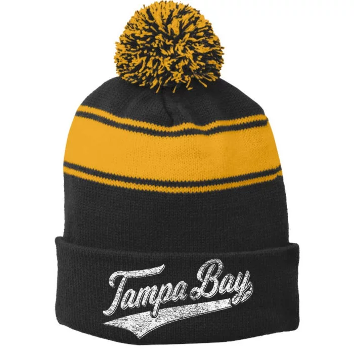 Tampa Bay Varsity Script Classic Sports Jersey Style Stripe Pom Pom Beanie