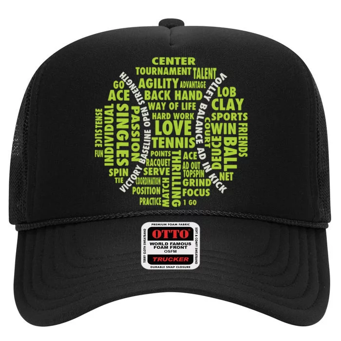 Tennis Ball Word Cloud Shirts Cool Tennis Players High Crown Mesh Trucker Hat