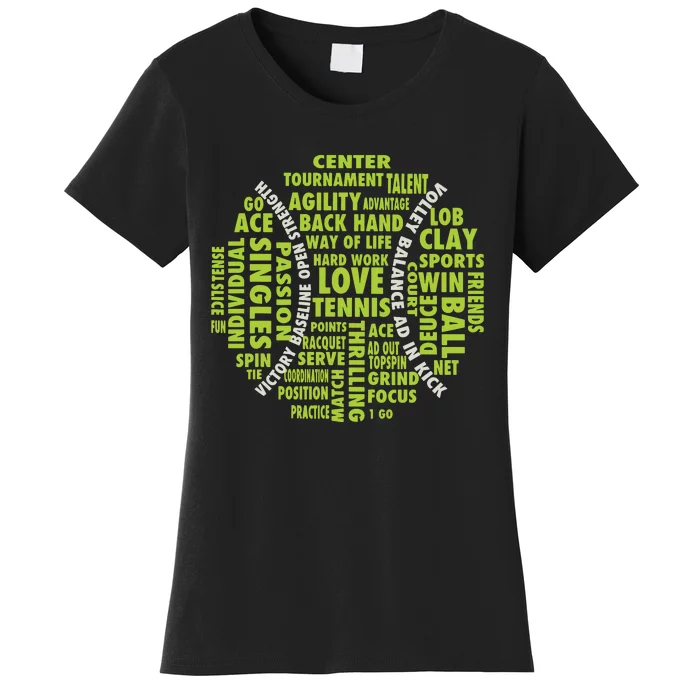 Tennis Ball Word Cloud Shirts Cool Tennis Players Women's T-Shirt