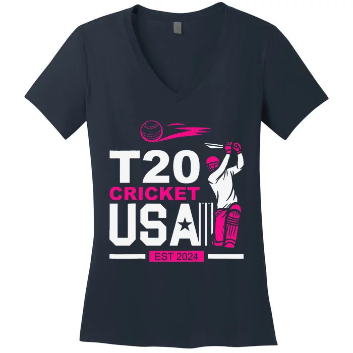 T20 Cricket 2024 Usa Cricket Fans Women's V-Neck T-Shirt