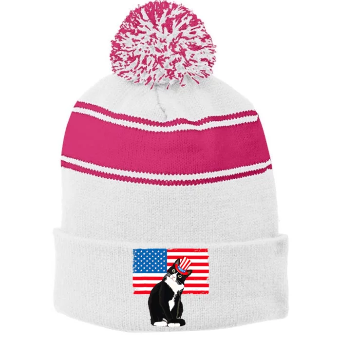 Tuxedo Cat 4th Of July Patriotic Tee Gifts Stripe Pom Pom Beanie