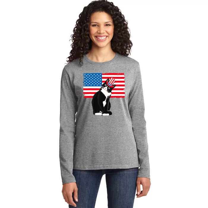 Tuxedo Cat 4th Of July Patriotic Tee Gifts Ladies Long Sleeve Shirt