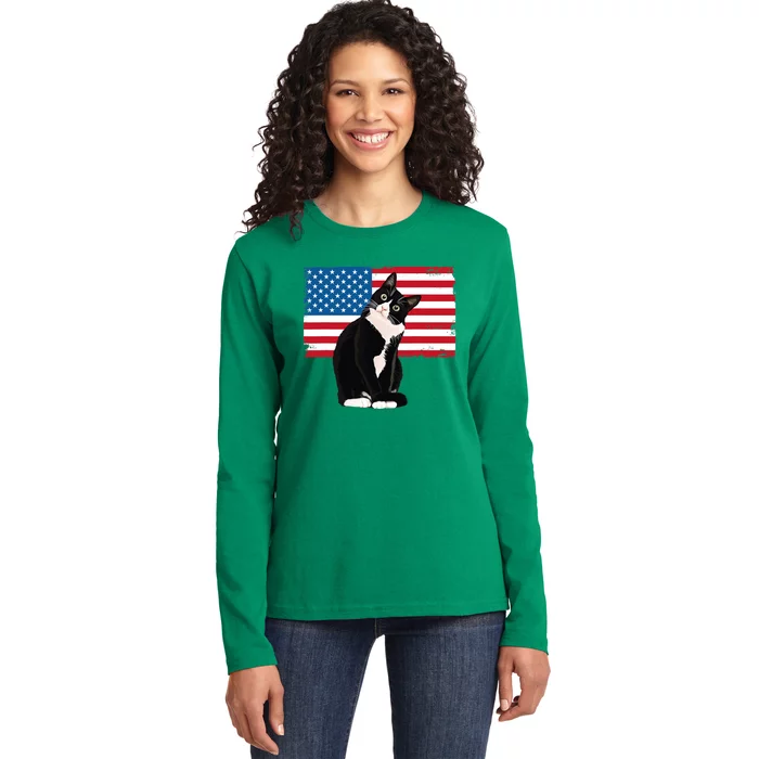 Tuxedo Cat 4th Of July Patrioti Ladies Long Sleeve Shirt