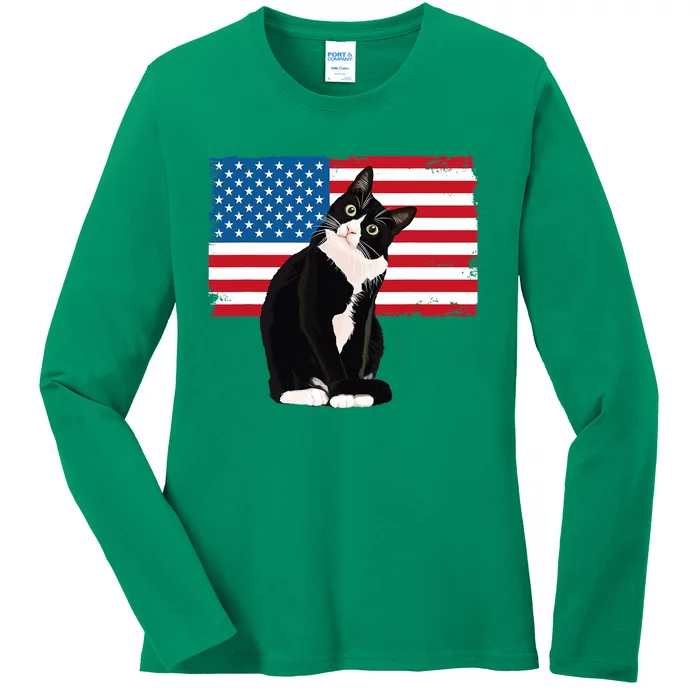 Tuxedo Cat 4th Of July Patrioti Ladies Long Sleeve Shirt