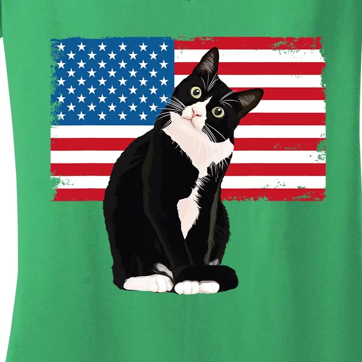 Tuxedo Cat 4th Of July Patrioti Women's V-Neck T-Shirt