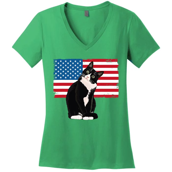 Tuxedo Cat 4th Of July Patrioti Women's V-Neck T-Shirt