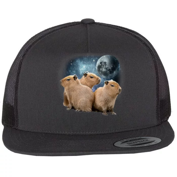 Three Capybaras And Moon Funny Capybara Humor Parody Flat Bill Trucker Hat