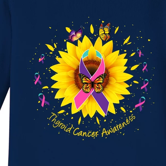 Thyroid Cancer Awareness Sunflower Butterfly Gift Survivor Cute Gift Baby Long Sleeve Bodysuit