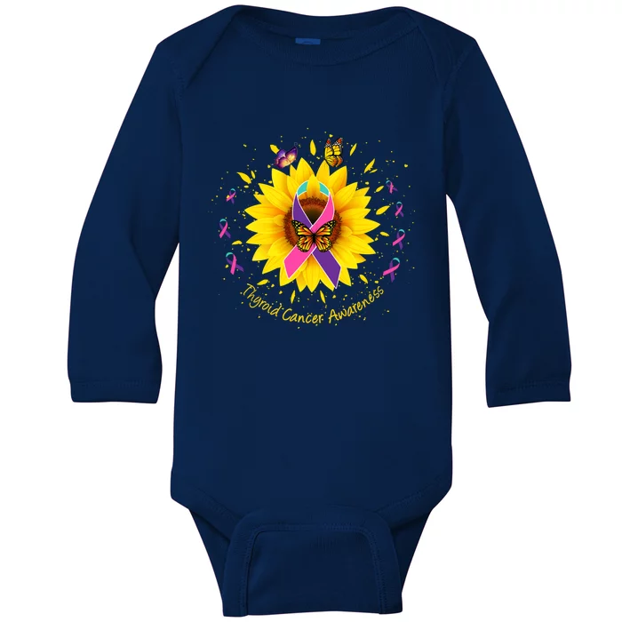 Thyroid Cancer Awareness Sunflower Butterfly Gift Survivor Cute Gift Baby Long Sleeve Bodysuit