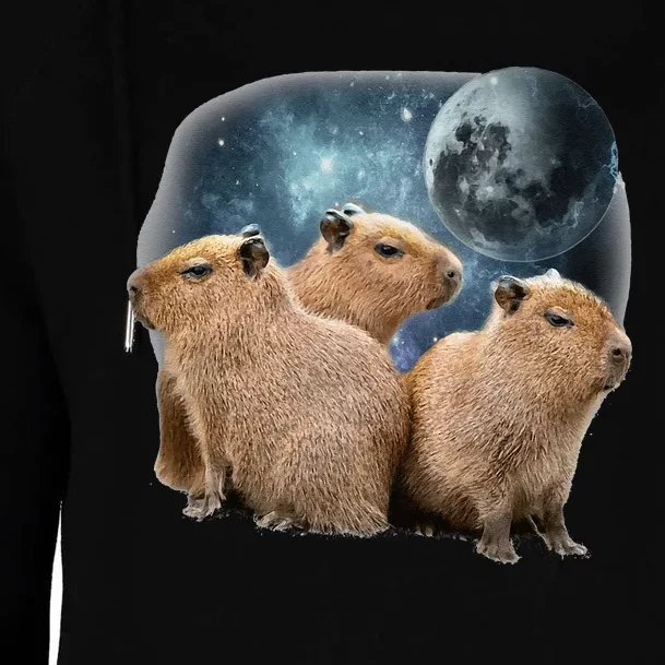 Three Capybaras And Moon Funny Capybara Humor Parody Womens Funnel Neck Pullover Hood