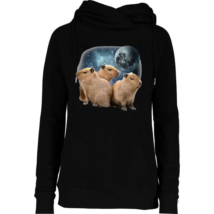 Three Capybaras And Moon Funny Capybara Humor Parody Womens Funnel Neck Pullover Hood